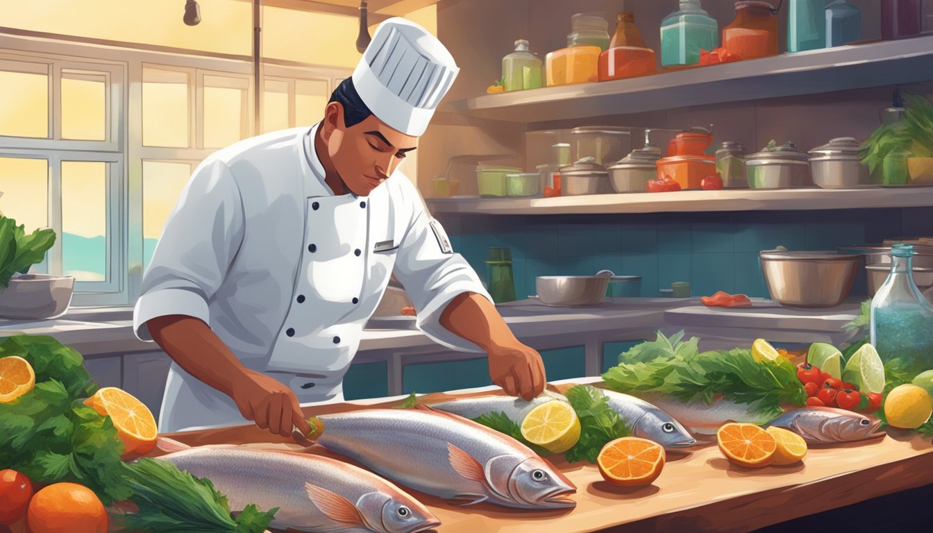 A chef carefully selects and prepares fresh fish for ceviche, surrounded by vibrant ingredients and ice for contrast