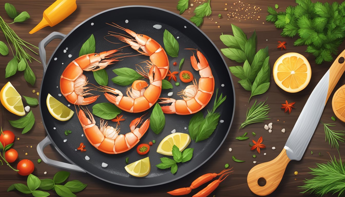 A sizzling pan with fresh and frozen prawns, surrounded by vibrant herbs and spices. A steaming pot of boiling water and a chef's knife on a wooden cutting board