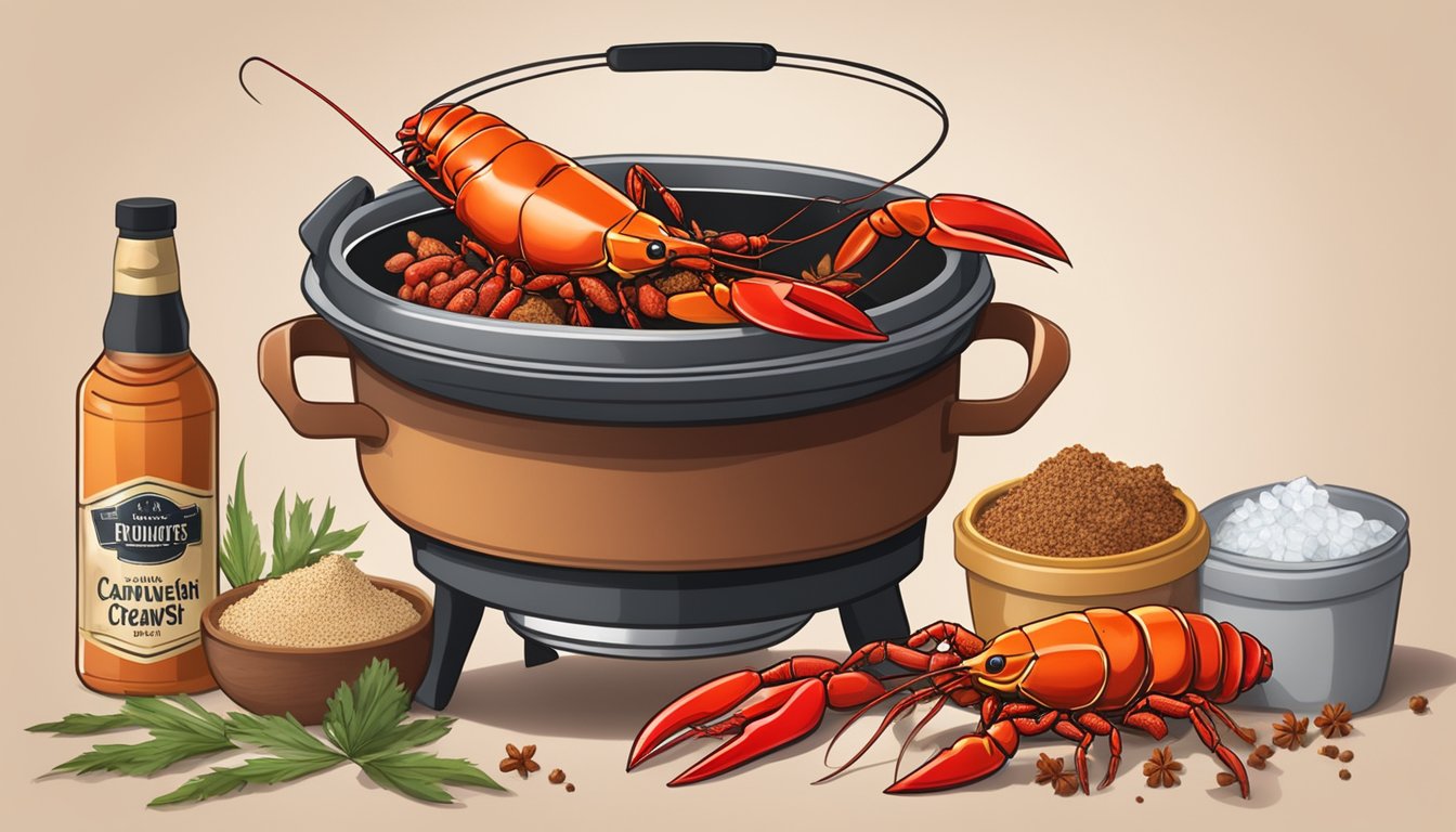 A boiling pot with live crawfish on one side and a bag of frozen crawfish on the other, surrounded by cajun spices and ingredients