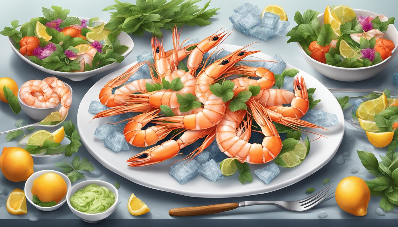 A platter of frozen and fresh prawns arranged in a dramatic face-off, surrounded by vibrant garnishes and serving utensils