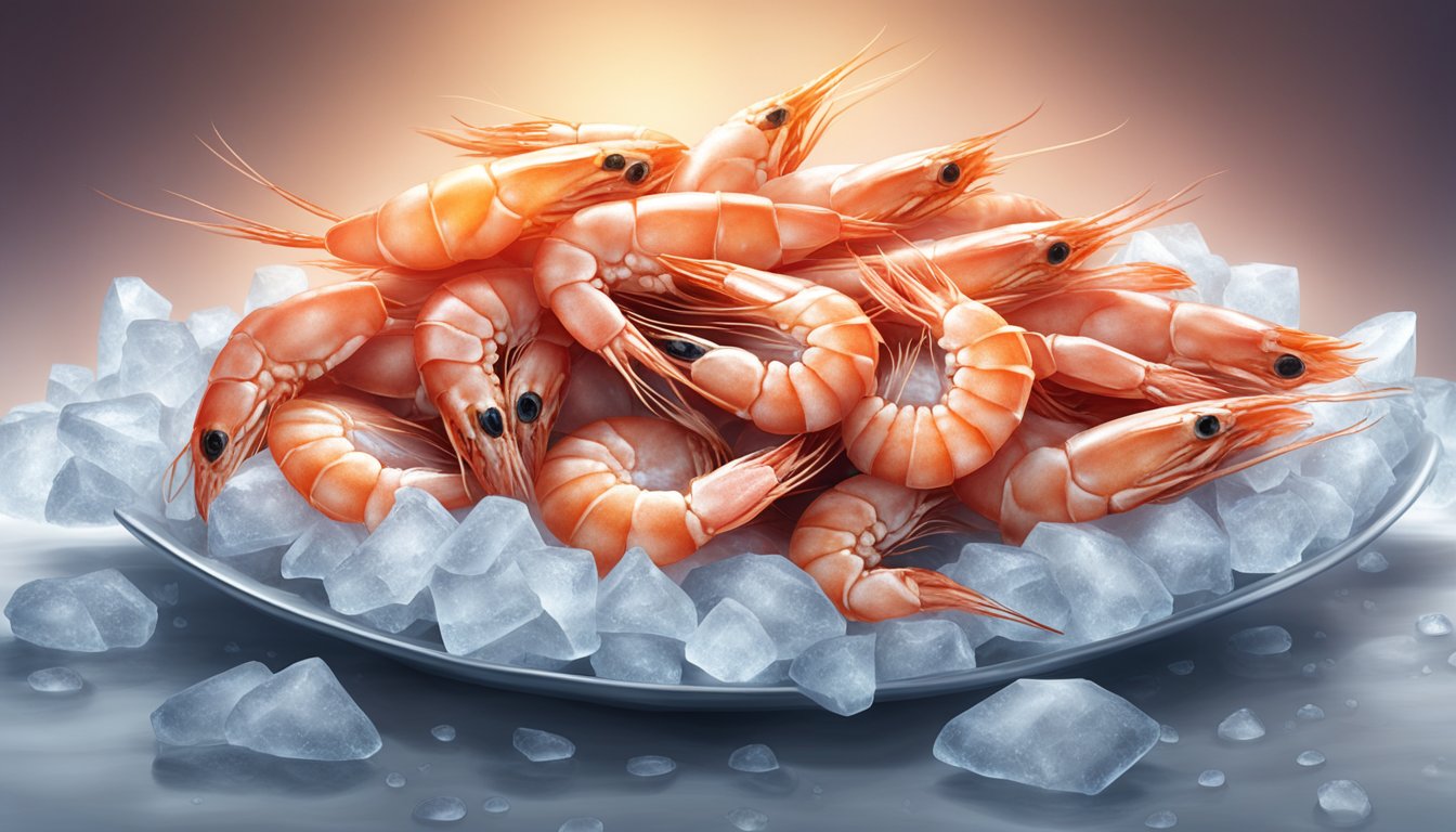 A pile of glistening fresh prawns sits next to a stack of icy frozen prawns, with a spotlight shining down on both, creating a dramatic shellfish showdown