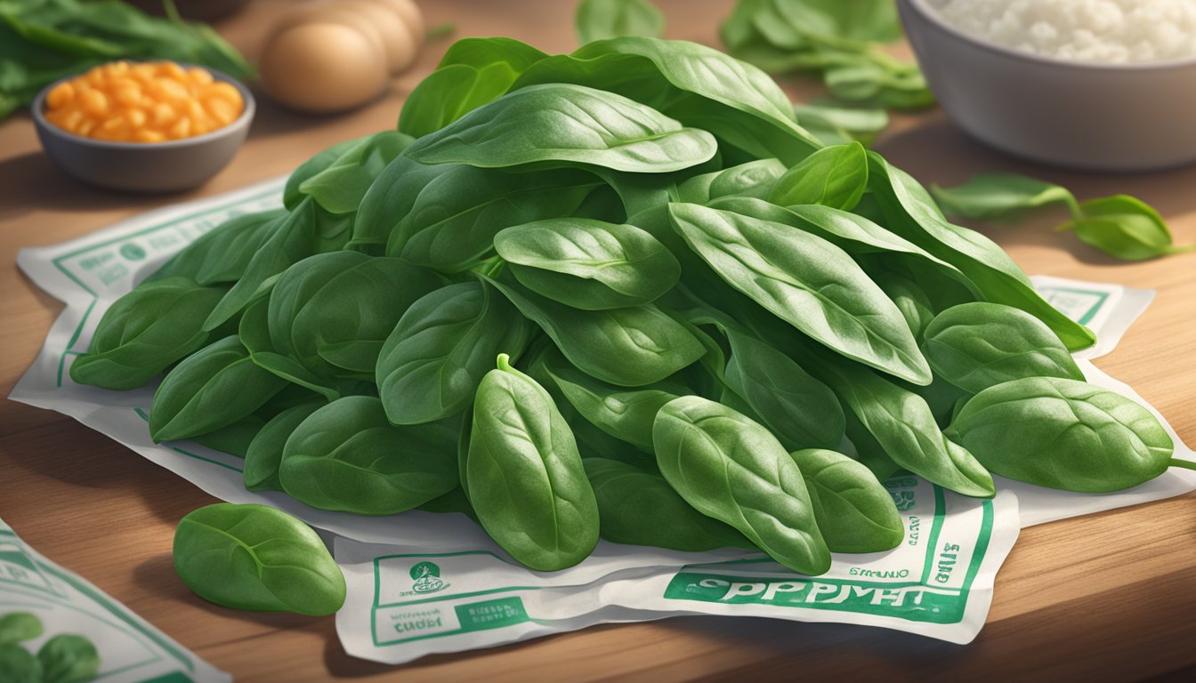 A pile of fresh and frozen spinach surrounded by nutritional labels, with a Popeyes logo in the background