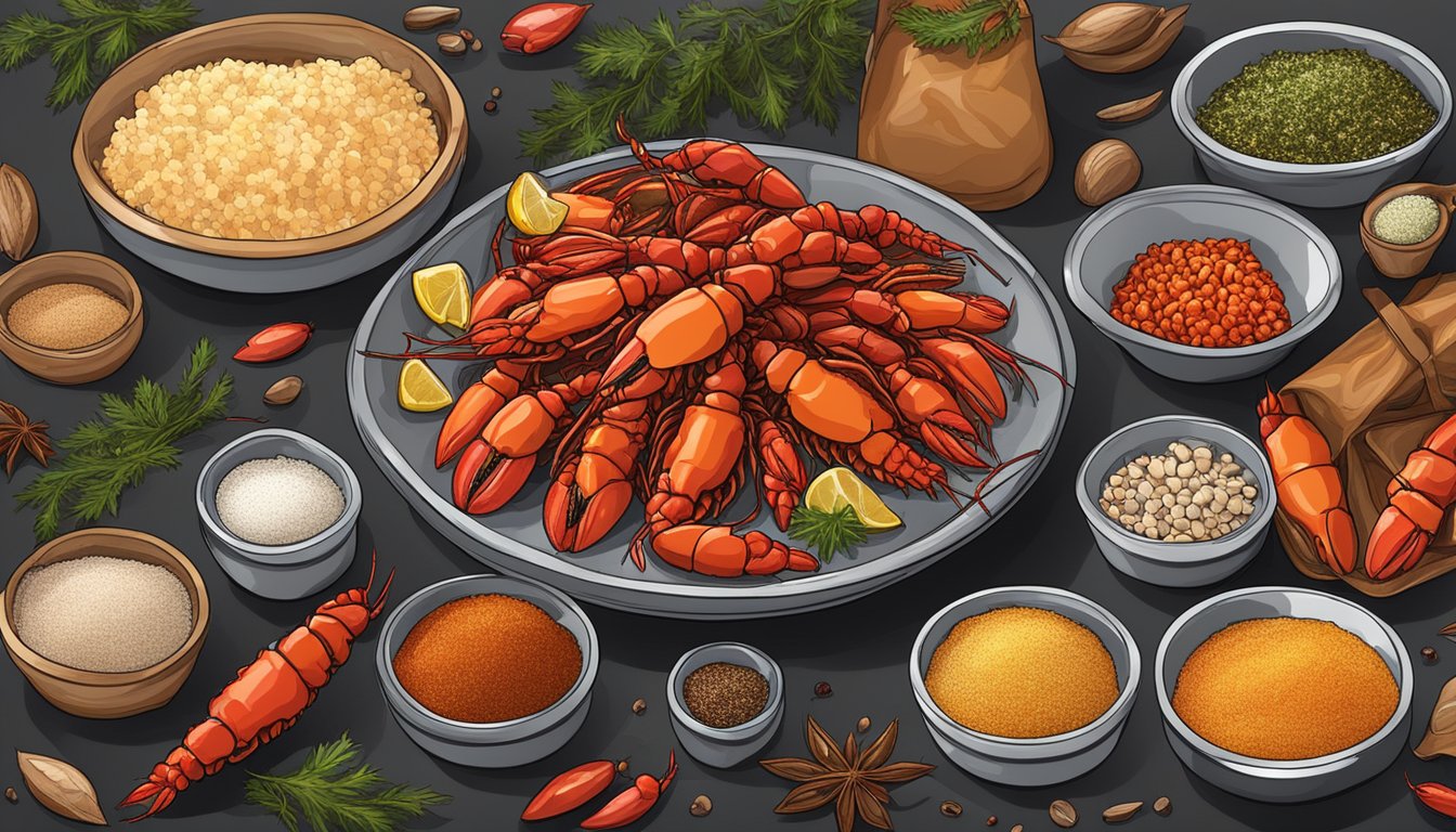 A table with fresh and frozen crawfish, surrounded by various spices and seasonings, ready for a Cajun feast