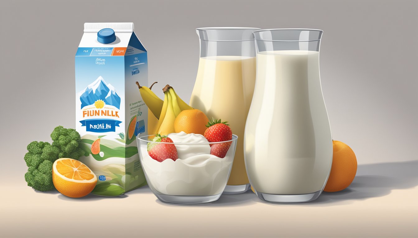 A glass of fresh milk sits next to a carton of frozen milk. Nutritional information labels are displayed next to each, with various fruits and vegetables surrounding them