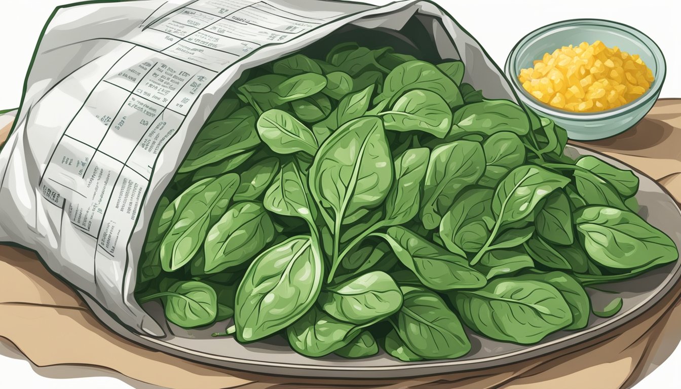 A pile of fresh spinach leaves wilting next to a bag of frozen spinach, with a nutritional chart in the background