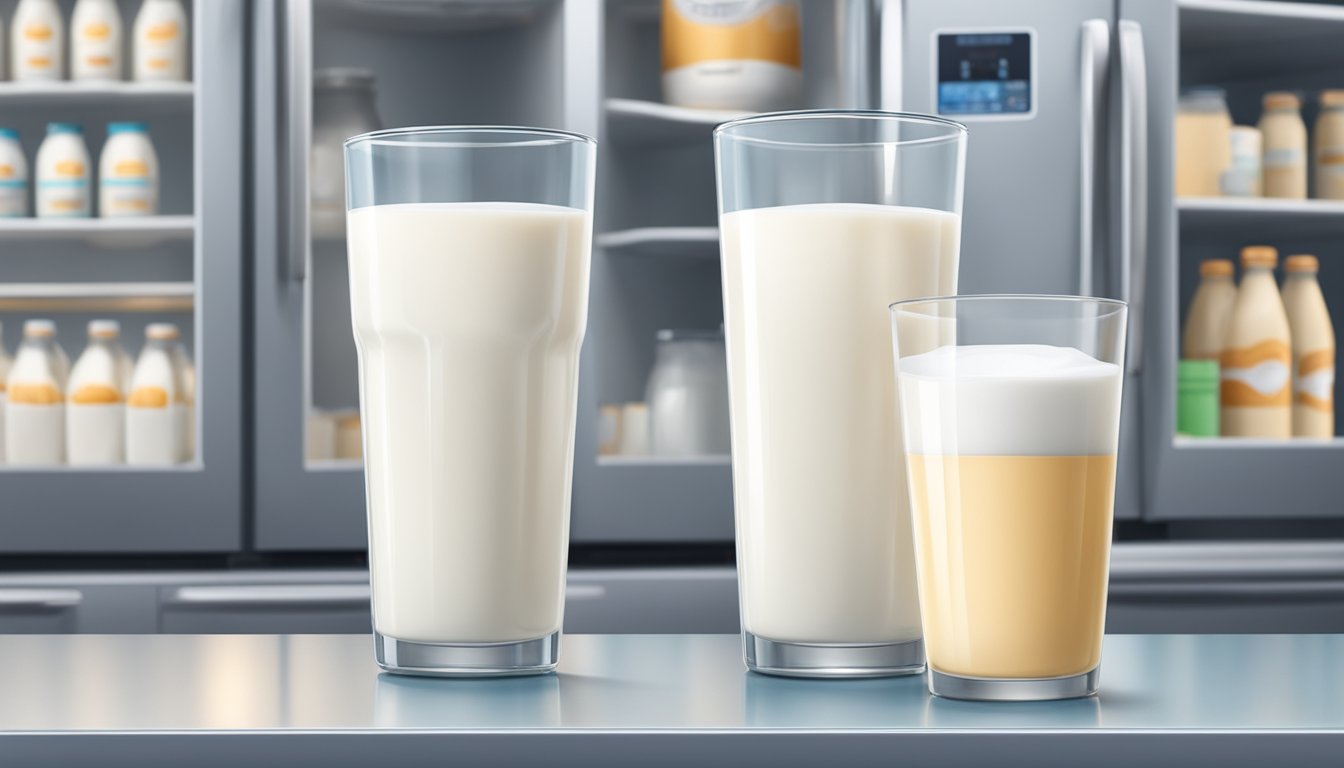 A glass of fresh milk sits next to a glass of frozen milk. Nutritional labels and a refrigerator are in the background