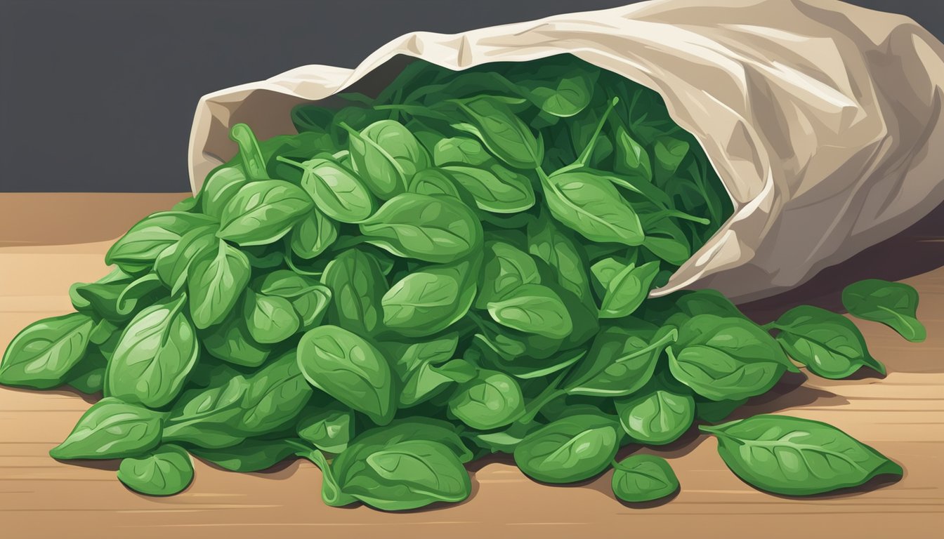 A pile of fresh spinach leaves next to a bag of frozen spinach. The fresh spinach is vibrant green and crisp, while the frozen spinach is neatly packed and frosty