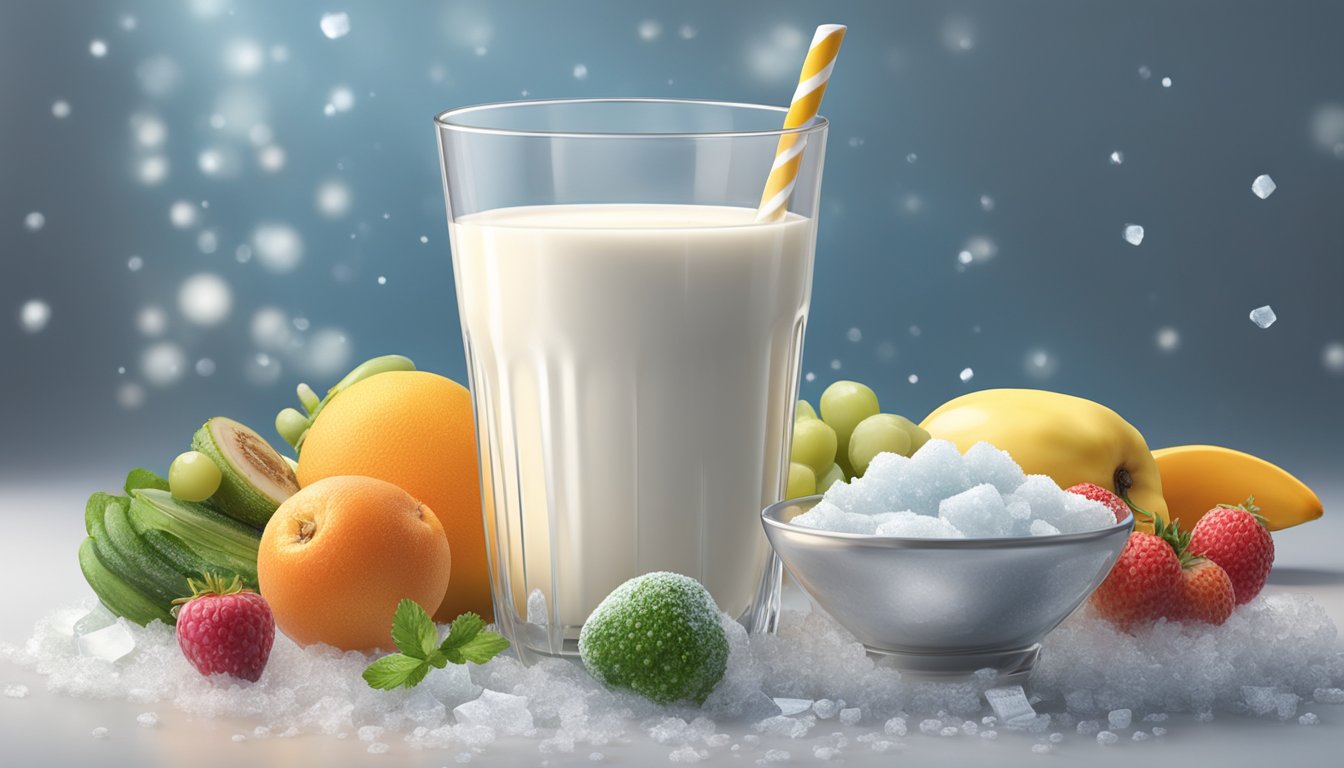 A glass of fresh milk sits next to a glass of frozen milk, surrounded by various fruits and vegetables. The fresh milk appears creamy and inviting, while the frozen milk is surrounded by ice crystals