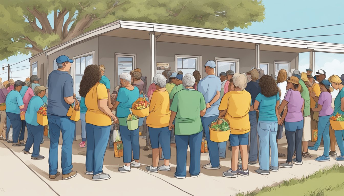 A line of people waiting outside a food pantry in Aransas County, Texas, with volunteers handing out free groceries