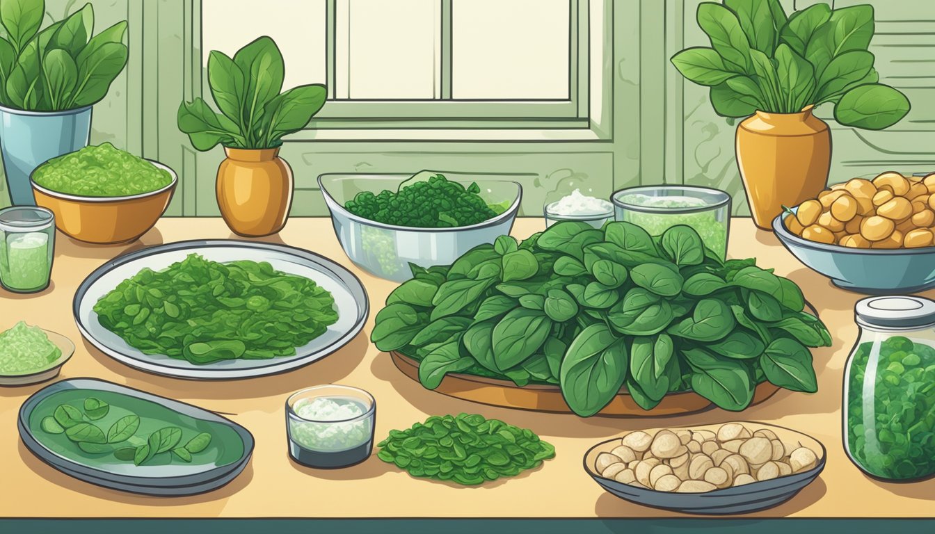 A table with fresh and frozen spinach, surrounded by icons representing economic and environmental factors