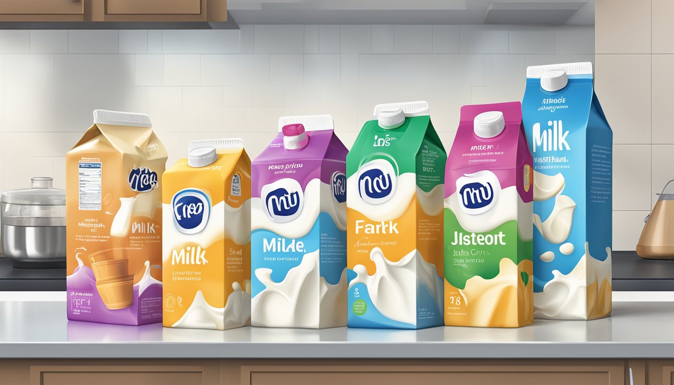 A colorful array of milk cartons and jugs, some fresh and some frozen, arranged on a kitchen counter. Nutritional information displayed on the packaging