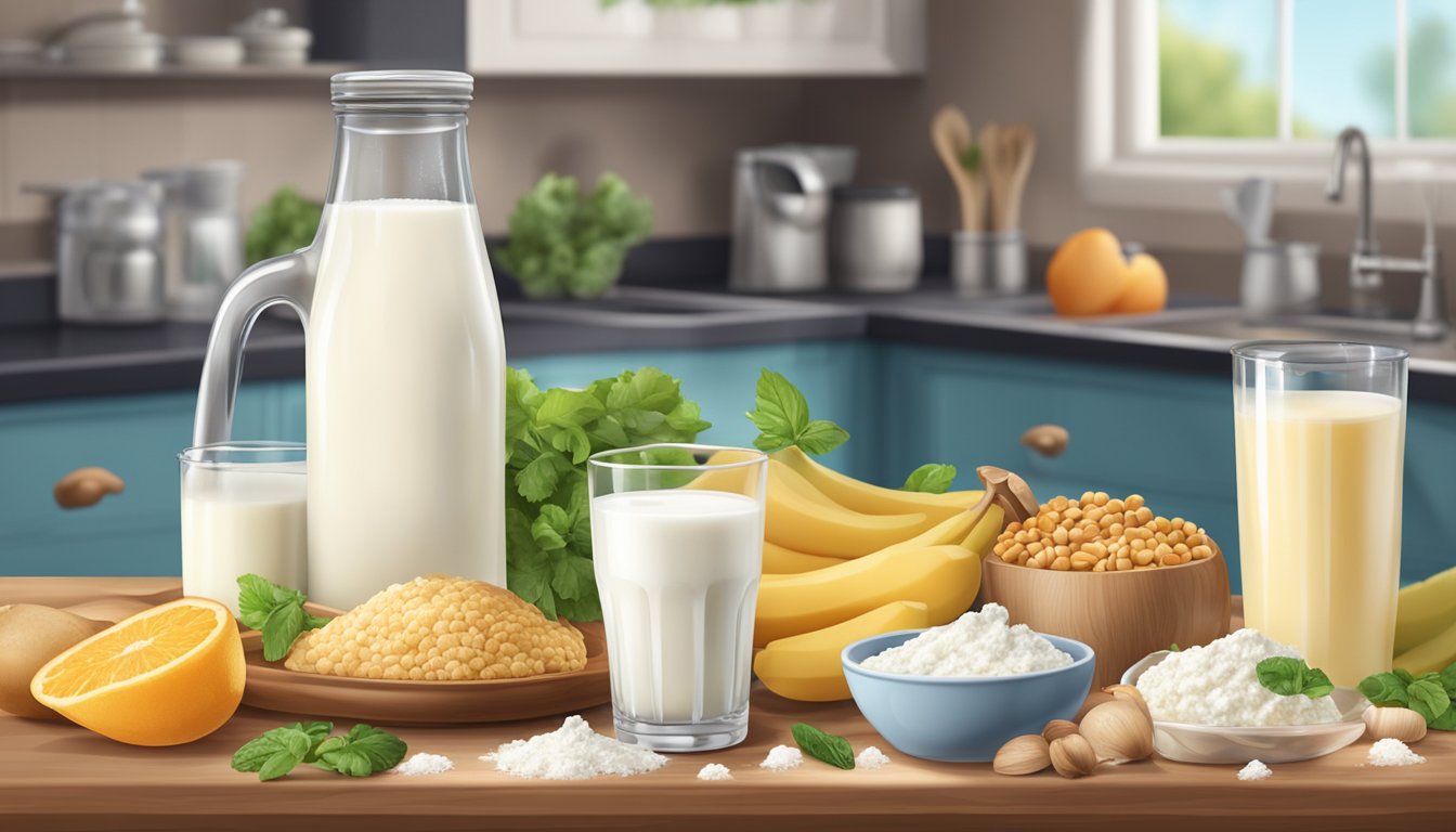 A kitchen counter with two glasses of milk, one fresh and one frozen, surrounded by various food preparation tools and ingredients