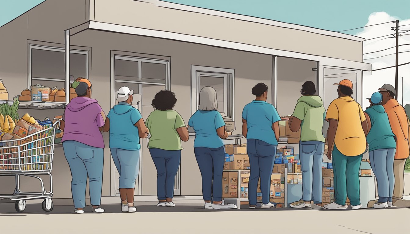 A line of people waits outside a food pantry in Aransas County, Texas. Volunteers hand out groceries and supplies to those in need