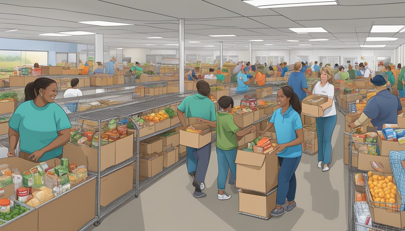 A bustling food pantry in Aransas County, Texas, with volunteers distributing free groceries to those in need