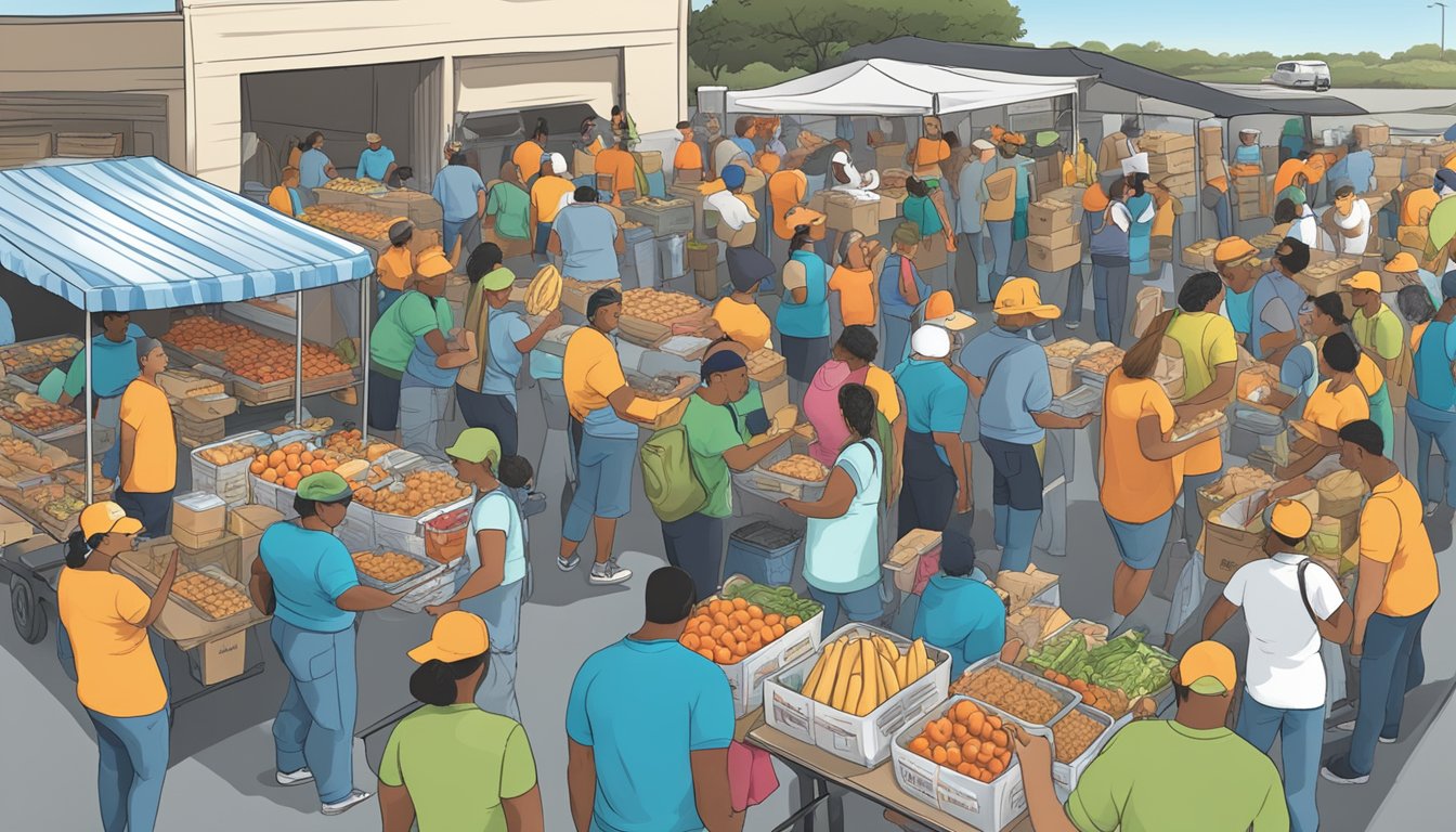 A bustling mobile food distribution event in Aransas County, Texas, with volunteers and recipients gathering around pop-up pantries to receive free groceries