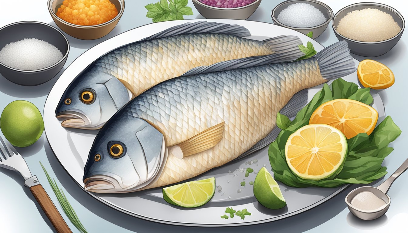 A fresh tilapia fillet sits on a plate next to a frozen one. Both are surrounded by various cooking ingredients and utensils