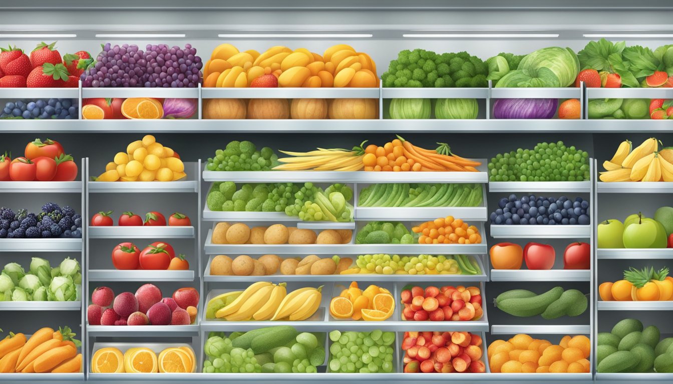 A colorful display of fresh and frozen fruits and vegetables, with easy-to-reach shelves and clear signage for easy comparison