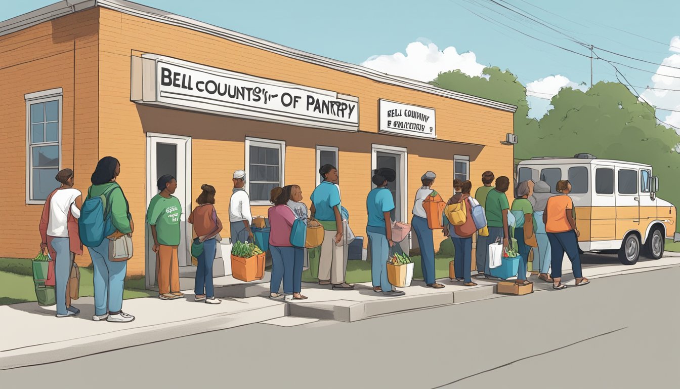 A line of people wait outside a small building with a sign reading "Bell County Food Pantry." Volunteers hand out bags of groceries