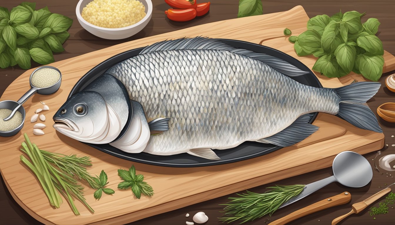 A chef seasons fresh and frozen tilapia fillets on a cutting board, surrounded by herbs and spices, with a skillet and cooking utensils nearby