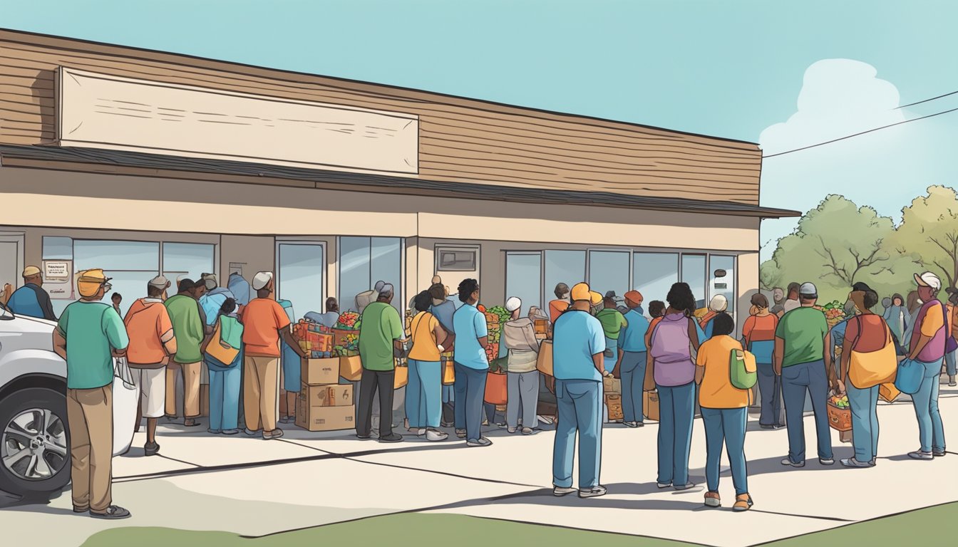 A line of people waiting outside a food pantry in Bell County, Texas, with volunteers handing out groceries and supplies