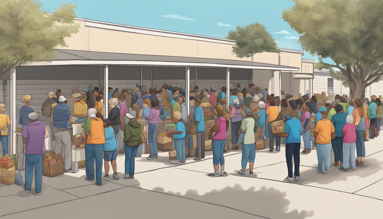 A line of people waiting outside a food pantry in Bell County, Texas, with volunteers distributing groceries and food to those in need