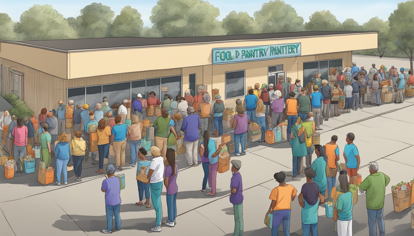 A line of people waiting outside a food pantry in Bell County, Texas, with volunteers distributing free groceries