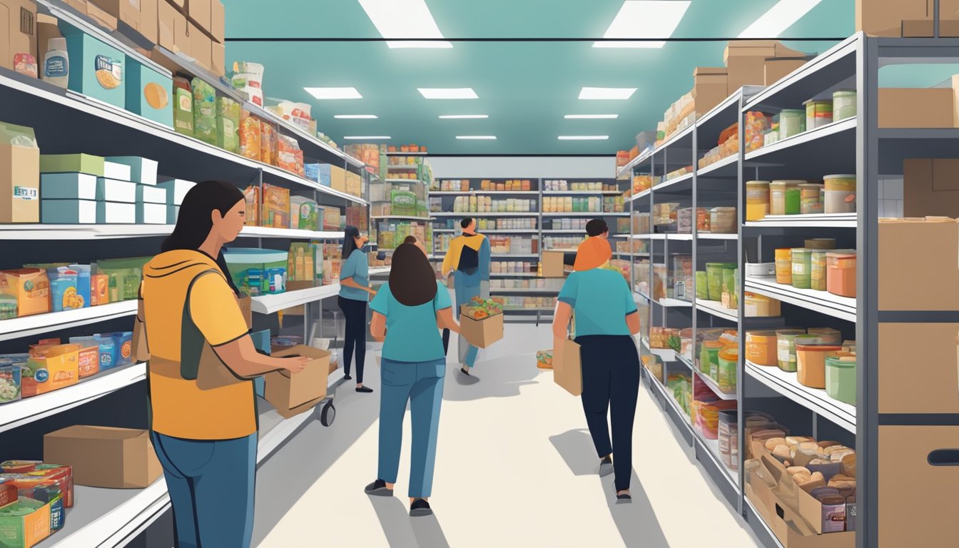 A bustling food pantry in Bell County, Texas, with shelves stocked full of free groceries and volunteers helping those in need