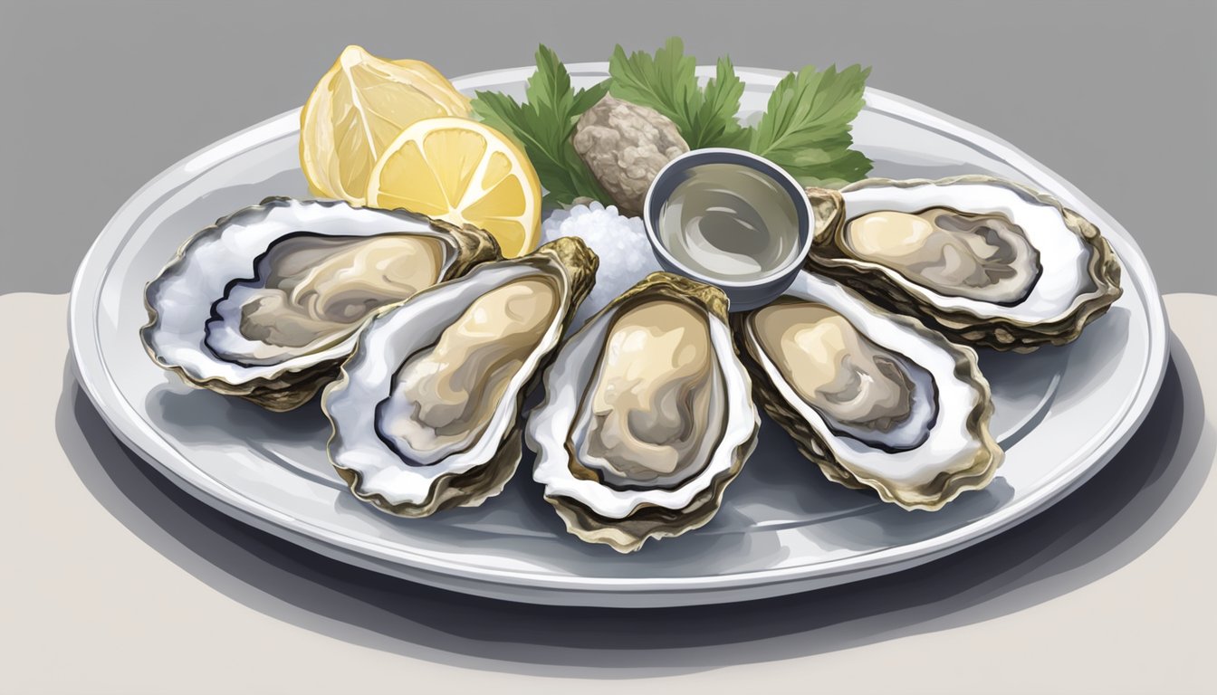 A plate of fresh and frozen oysters side by side, showcasing their differences in appearance, texture, and overall presentation