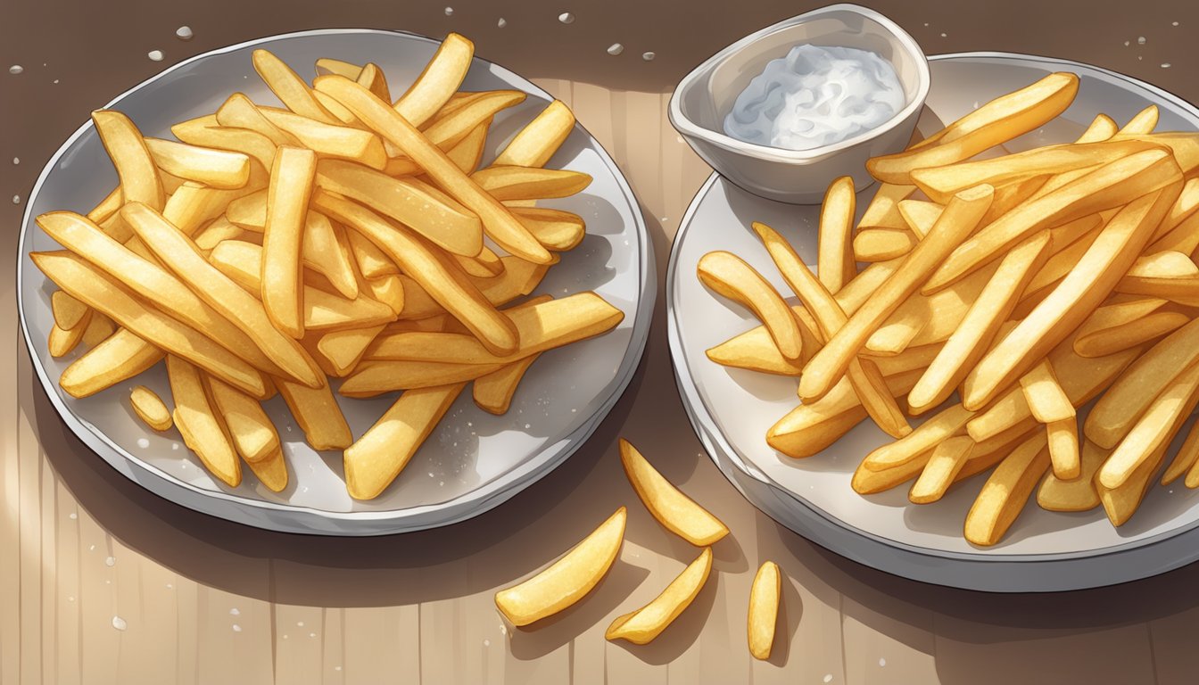 A plate of fresh and frozen french fries side by side, with one pile steaming and the other icy. The fresh fries look golden and crispy, while the frozen ones appear pale and limp