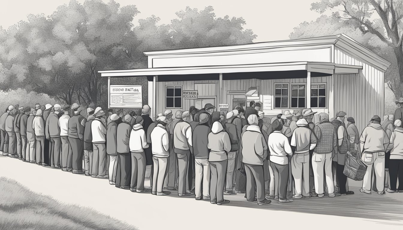 A line of people waits outside a food pantry in Anderson County, Texas. Volunteers hand out free groceries to those in need