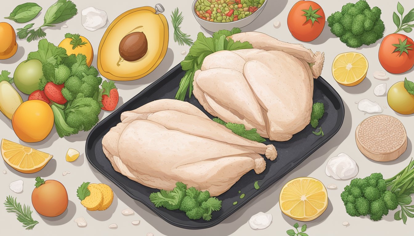 A split image of a frozen chicken breast next to a fresh one, surrounded by various fruits and vegetables, with Reddit comments in the background