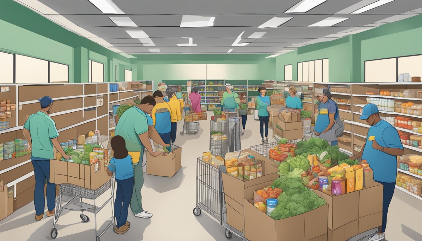 A bustling food pantry in Anderson County, Texas, with volunteers distributing free groceries to those in need