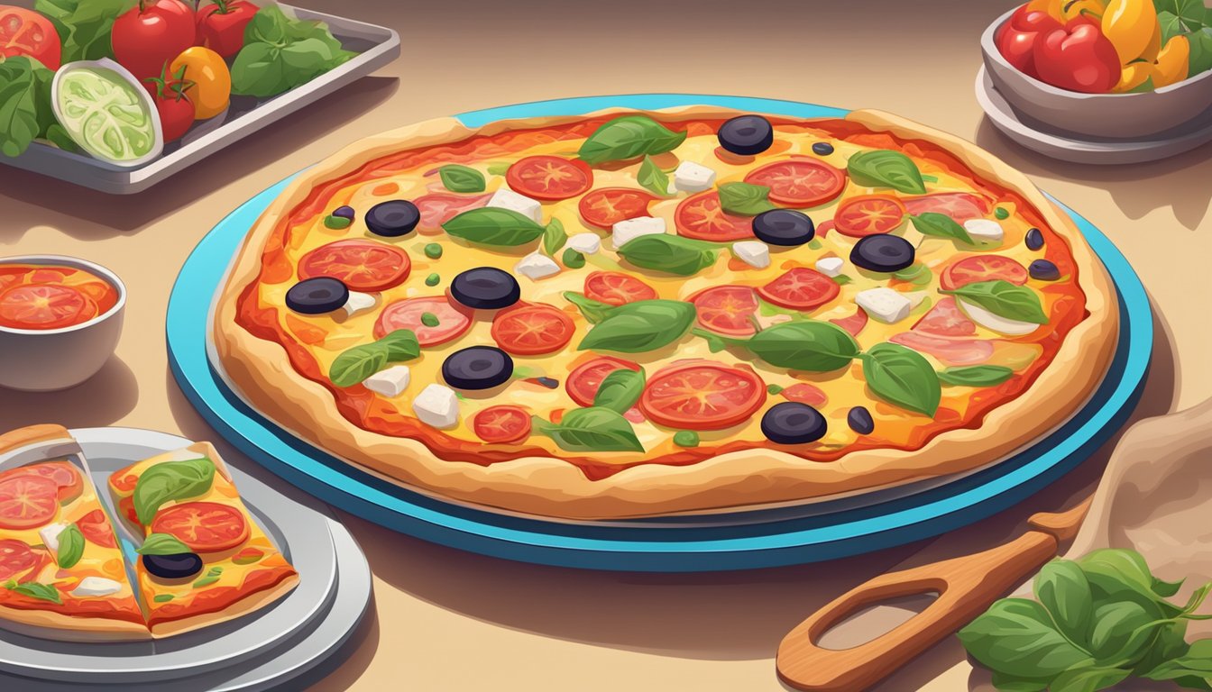 A table with a fresh pizza on one side and a frozen pizza on the other. The fresh pizza is topped with colorful, vibrant ingredients, while the frozen pizza is neatly packaged in a box