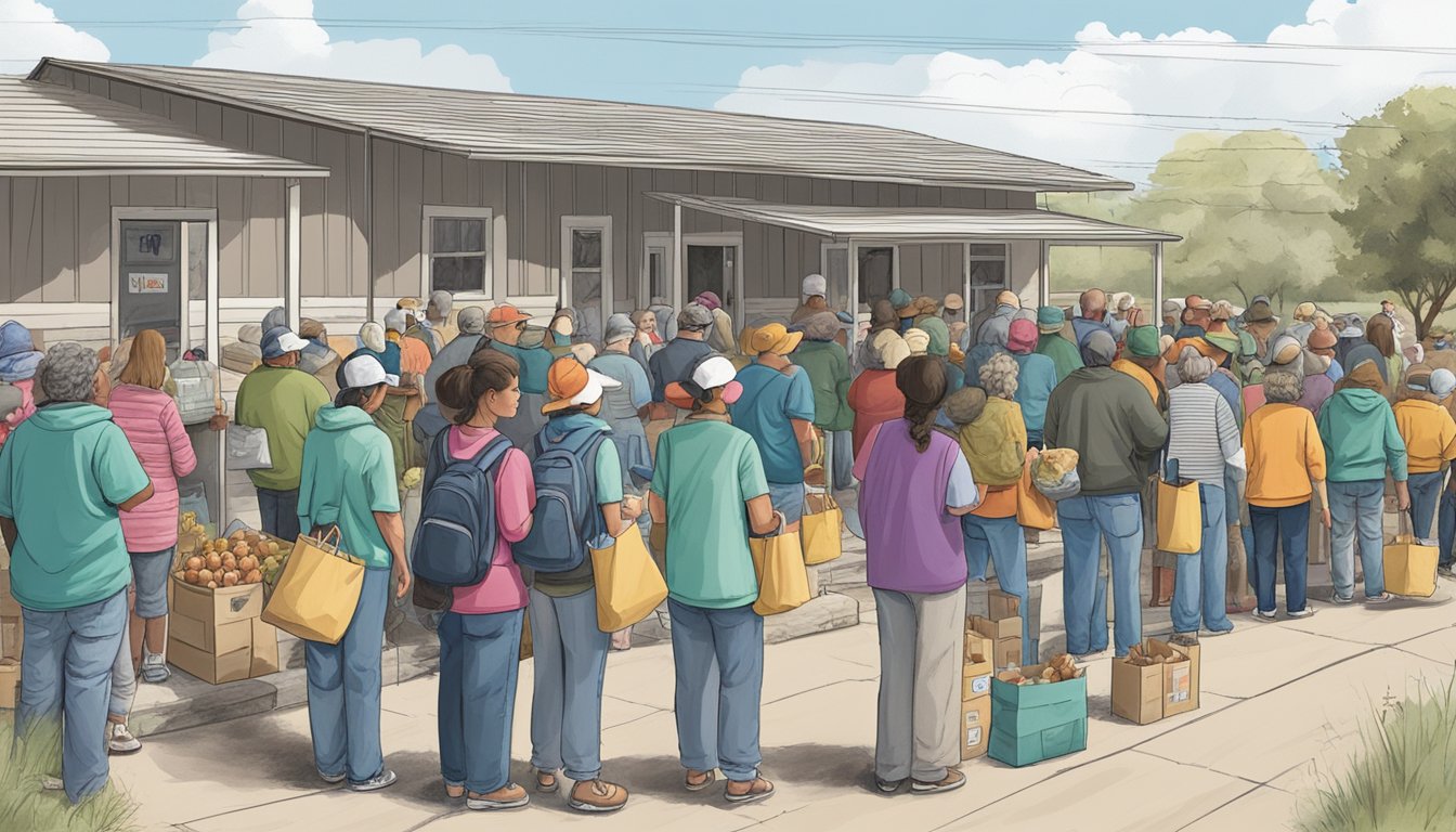 A line of people waits outside a food pantry in Blanco County, Texas, as volunteers distribute free groceries to those in need