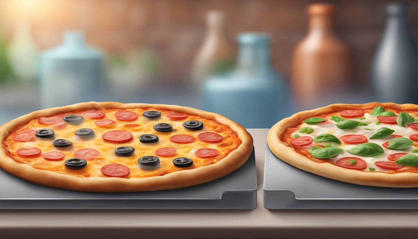 A steaming hot fresh pizza faces off against a frozen pizza in a taste test. Quality ingredients and convenience are on display