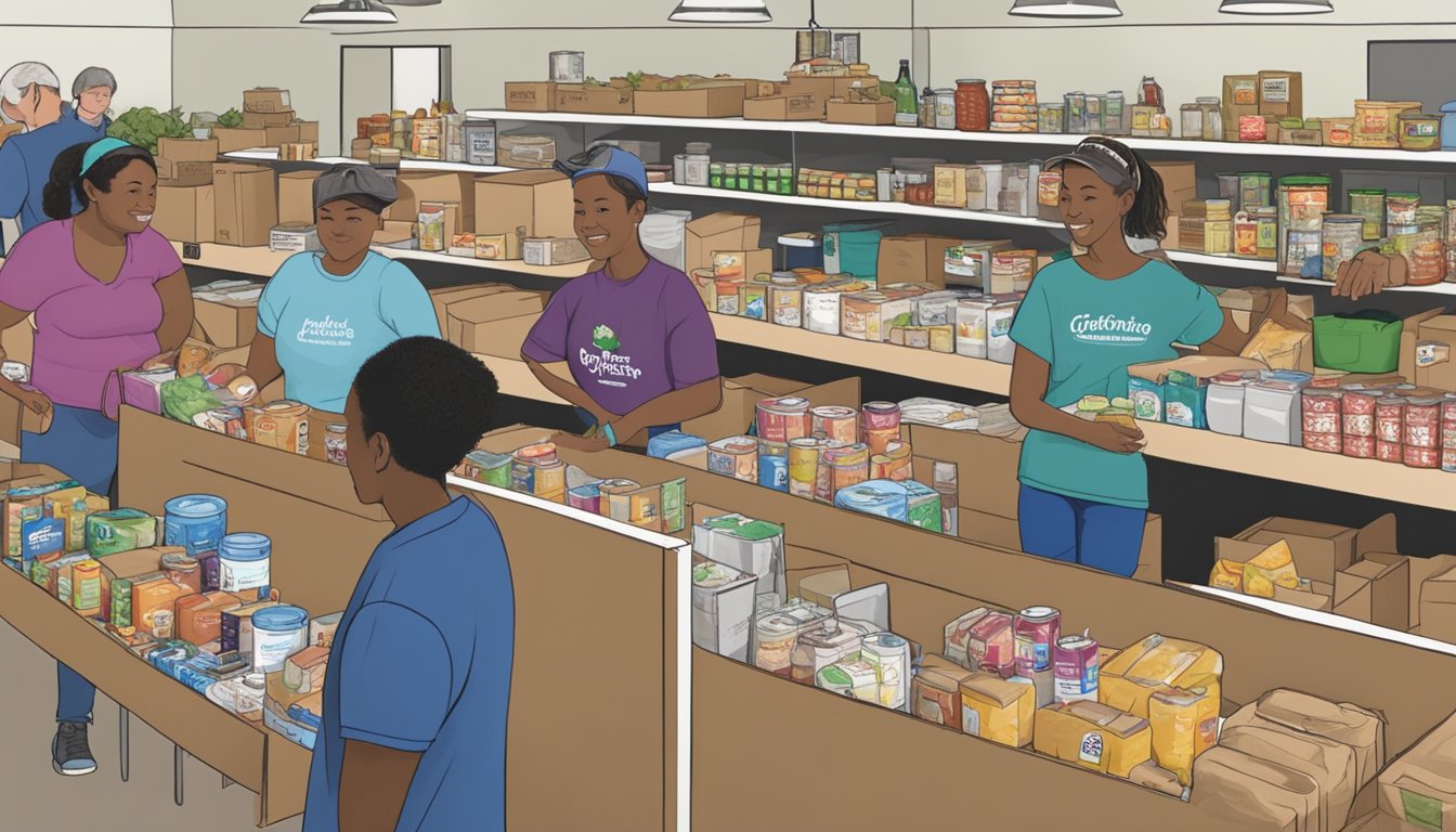 A bustling food pantry in Blanco County, Texas, with volunteers distributing free groceries to those in need