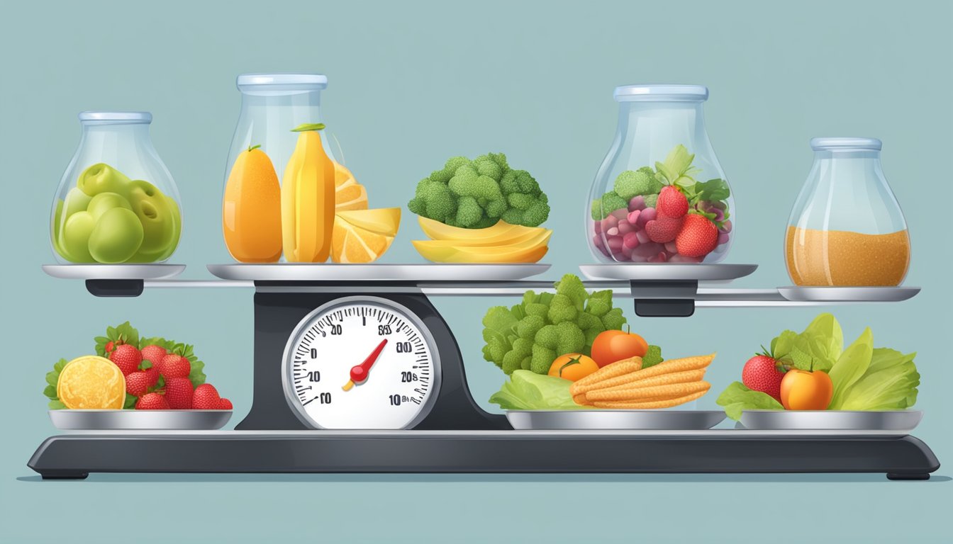 A scale with fresh and frozen food items, showing different weights