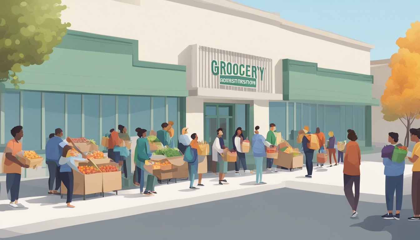 A line of people wait outside a white building with a sign reading "Grocery Programs and Free Food Distribution." Volunteers hand out bags of groceries and food