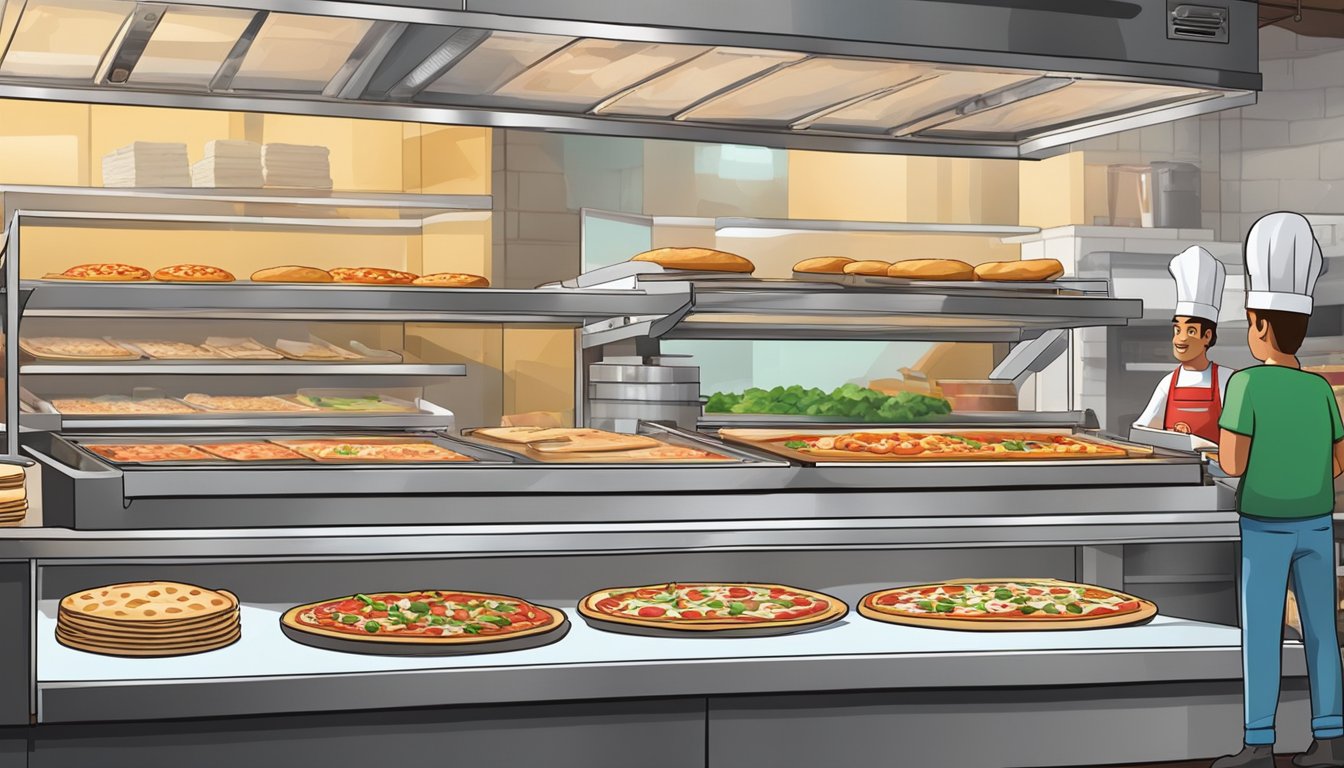 A bustling pizzeria with a conveyor belt oven, fresh ingredients on one side and a freezer stocked with frozen pizzas on the other. Customers compare taste and quality