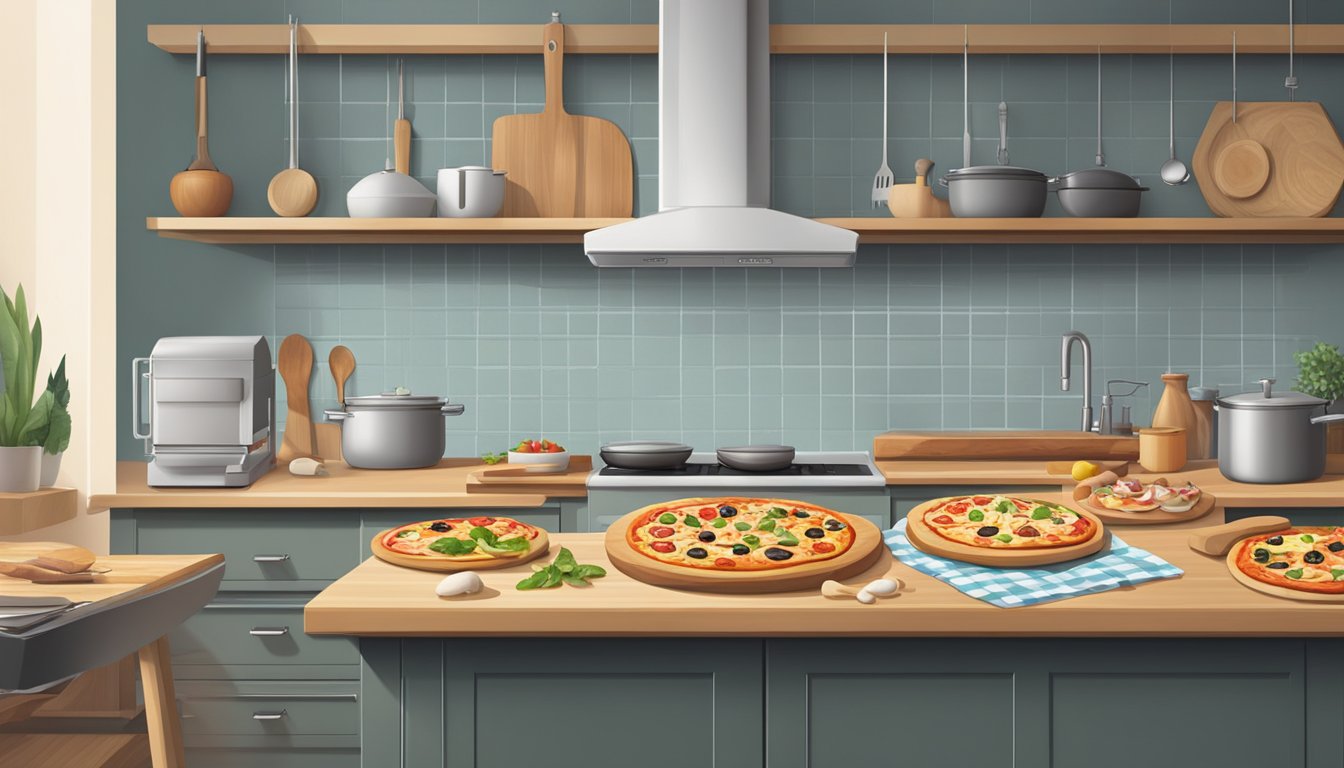 A modern kitchen with a counter displaying a variety of fresh and frozen pizza options. A chef's knife and cutting board sit nearby, ready for comparison