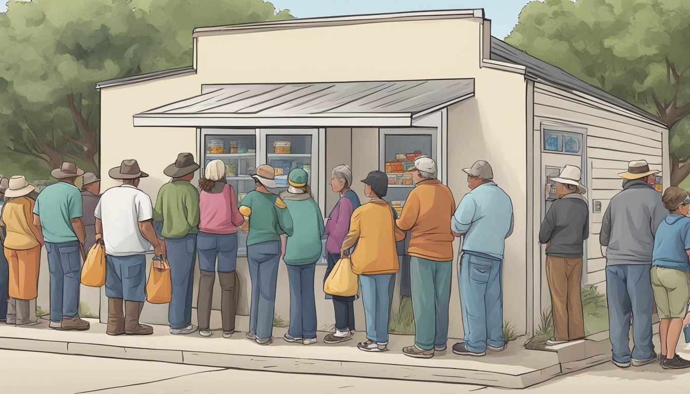 A line of people waits outside a small food pantry in Blanco County, Texas. Volunteers hand out bags of groceries to those in need