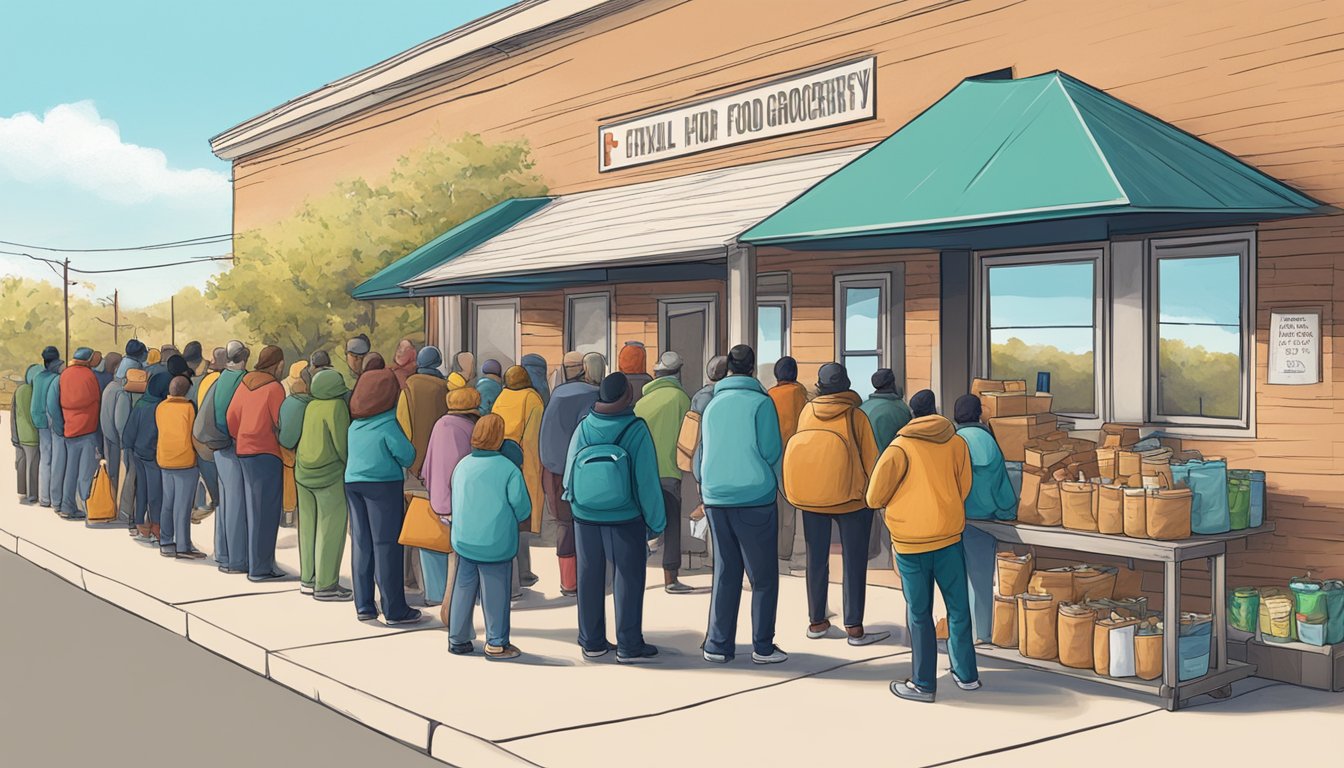 A line of people wait outside a small building, where volunteers distribute free groceries and food to those in need in Anderson County, Texas