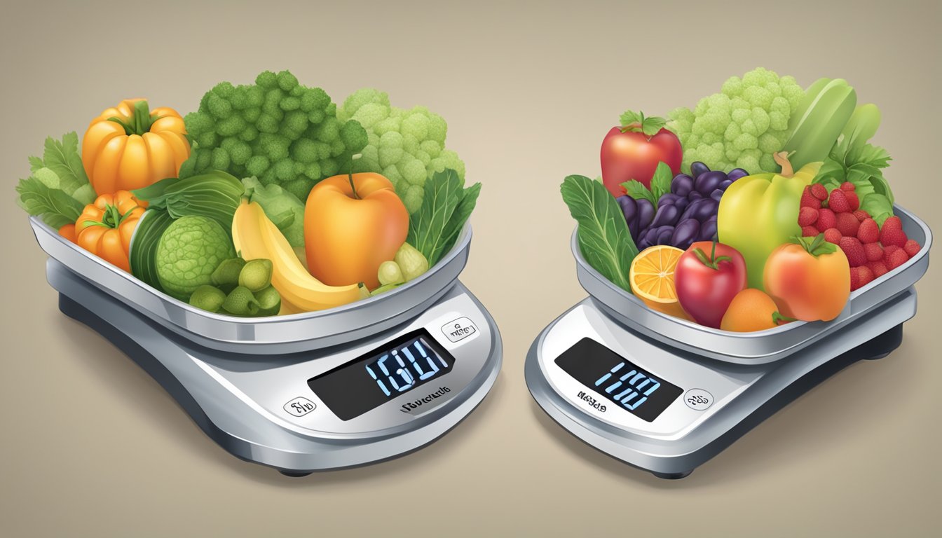 A scale with fresh produce on one side and frozen produce on the other, showcasing the difference in weight and nutrition