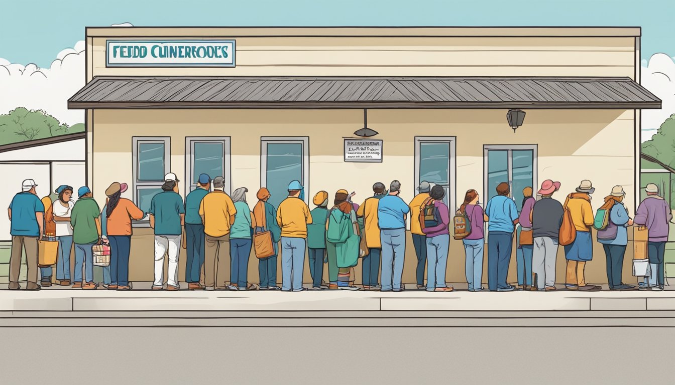 A line of people wait outside a food pantry in Blanco County, Texas, as volunteers distribute free groceries to those in need