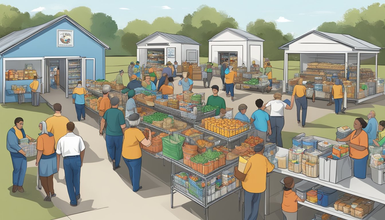 A bustling food pantry in Anderson County, Texas, with volunteers distributing free groceries to those in need