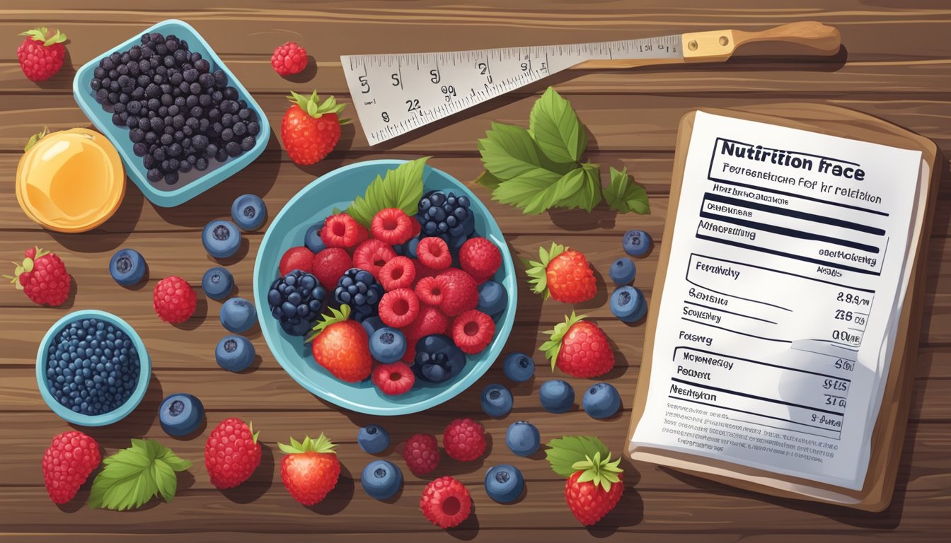 A colorful array of fresh and frozen berries arranged on a rustic wooden table, with a measuring scale and nutrition labels nearby