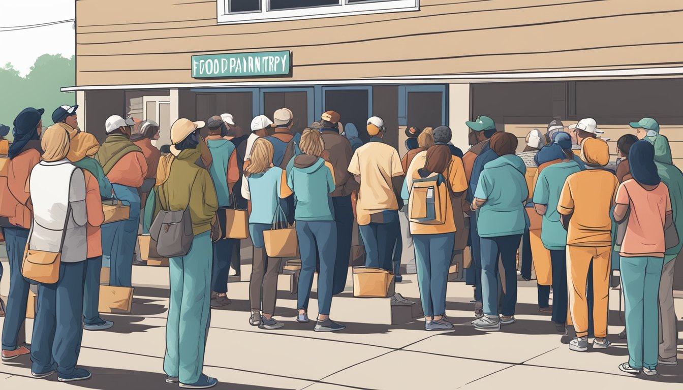 A line of people waiting outside a food pantry in Anderson County, Texas, with volunteers handing out free groceries and support resources