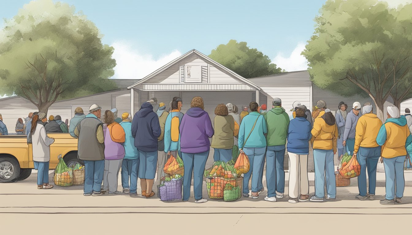 A line of people wait outside a small food pantry in Andrews County, Texas. Volunteers hand out bags of groceries to those in need