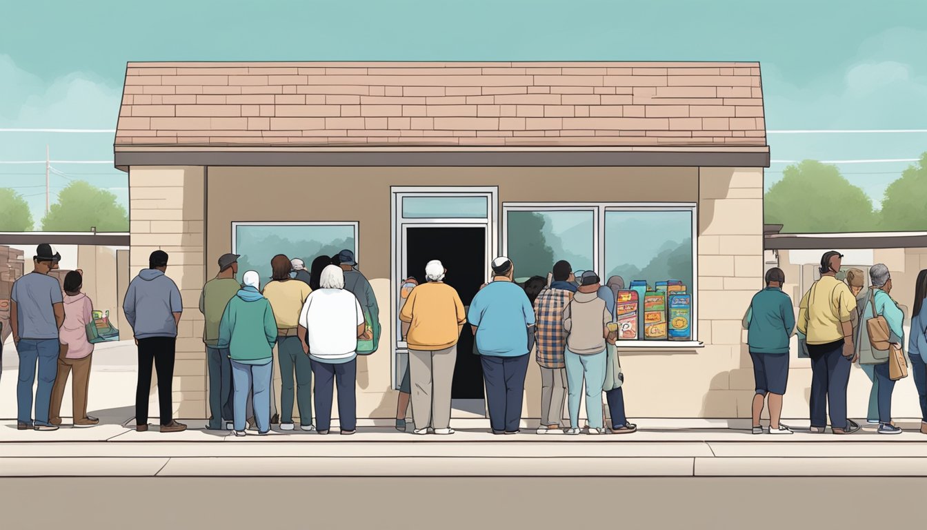 A line of people outside a food pantry in Andrews County, Texas, waiting for free groceries