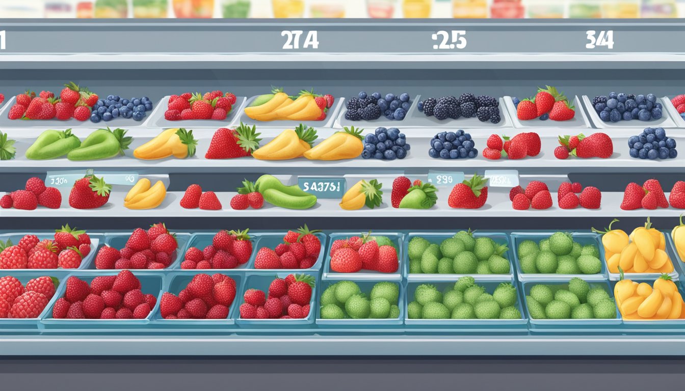 A comparison of frozen and fresh berries in a grocery store display, with price tags and nutrition labels visible